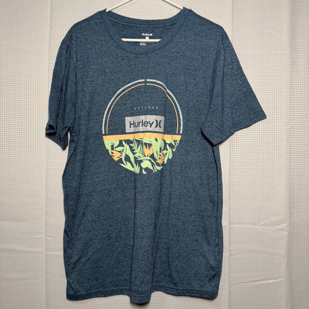 Hurley Graphic T-Shirt Men's Large Blue‎ Heather Tropical Circle Logo Tee